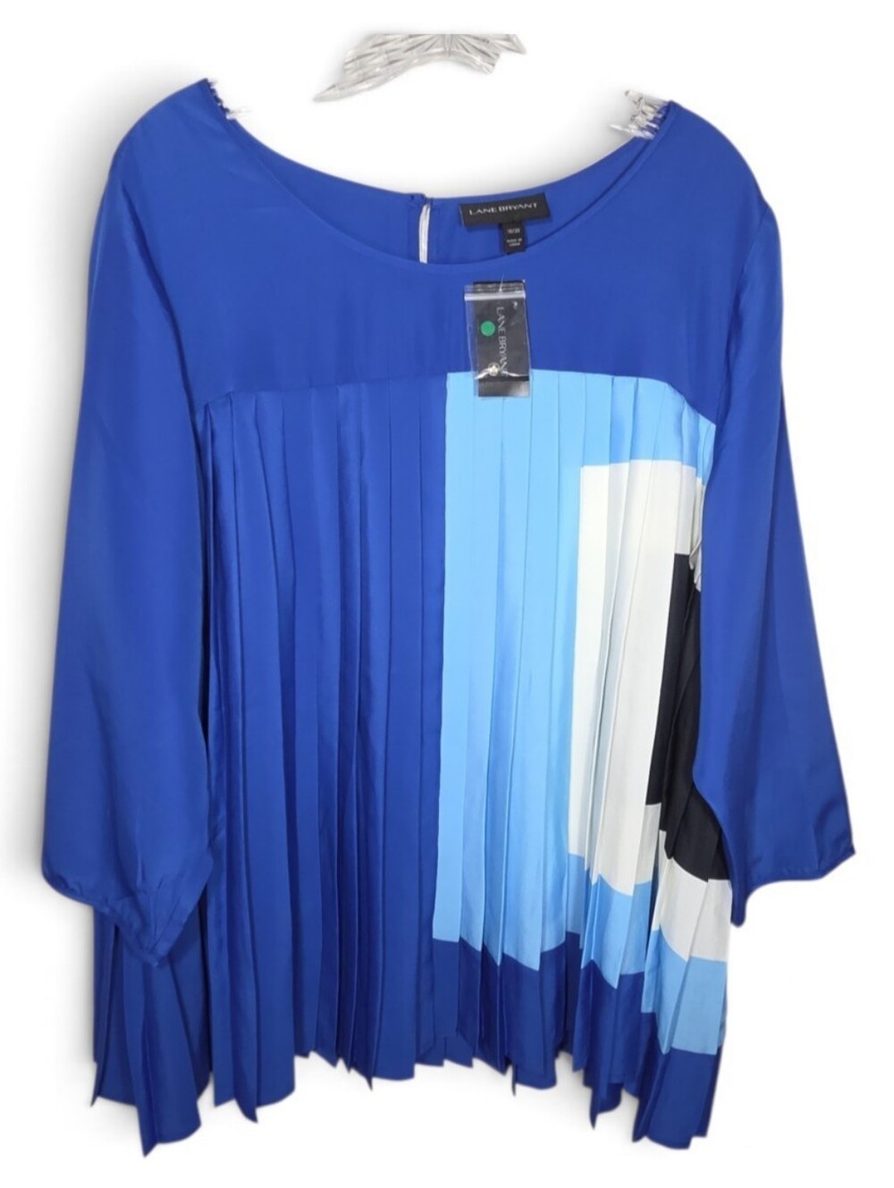 Lane Bryant Royal Blue, Light Blue and White Pleated Colorblock Blouse